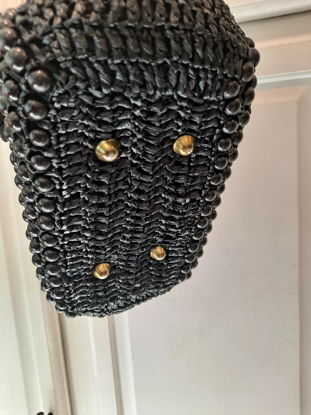Bags By Dominic Italian Rare 50s Vintage Black Woven Beaded Wood Top-Handle